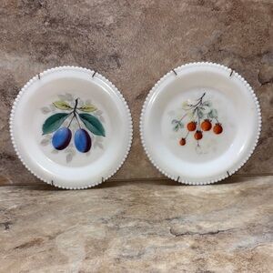 Vintage Westmoreland Beaded Edge Milk Glass Plates With Hand Painted Fruit 6”
